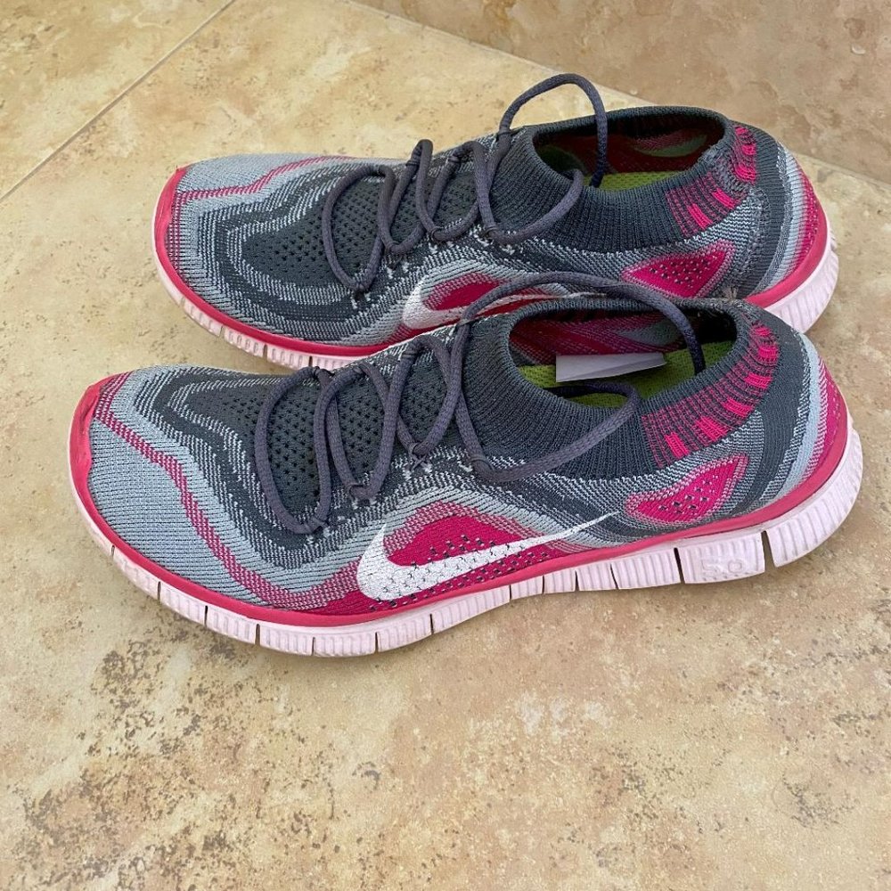 Nike Free 5.0 Flyknit Pink&Grey Running Shoes 615806-016 Womens Size 7,5